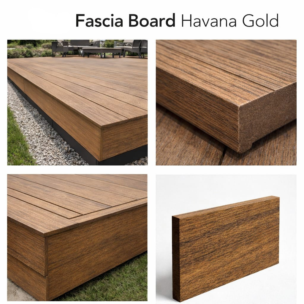 Neo Fascia Board in Havana Gold shown on a deck with close-up details.