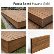 Neo Fascia Board in Havana Gold shown on a deck with close-up details.