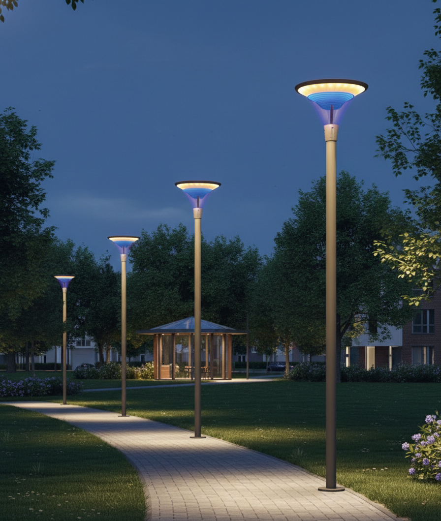 Streetlights illuminating a pathway in a park at night