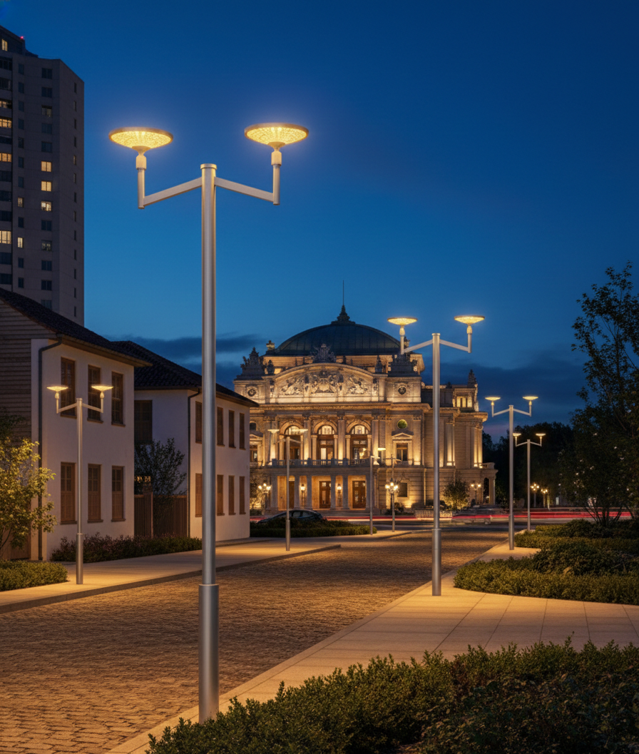 A perspective shot of a cobblestone street lined with modern, dual-arm silver street lamps. In the background, a grand, illuminated opera house stands under a deep blue twilight sky.