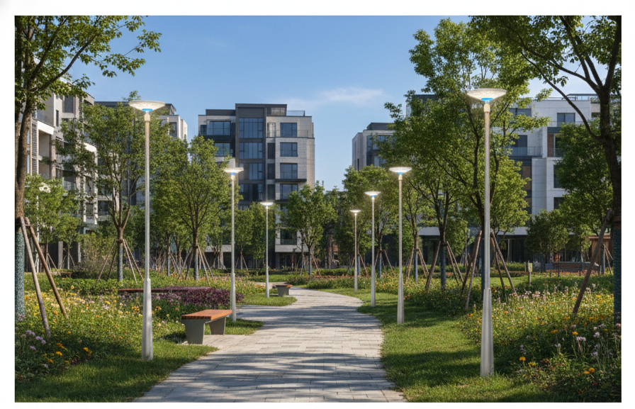 Park pathway with trees and buildings. 