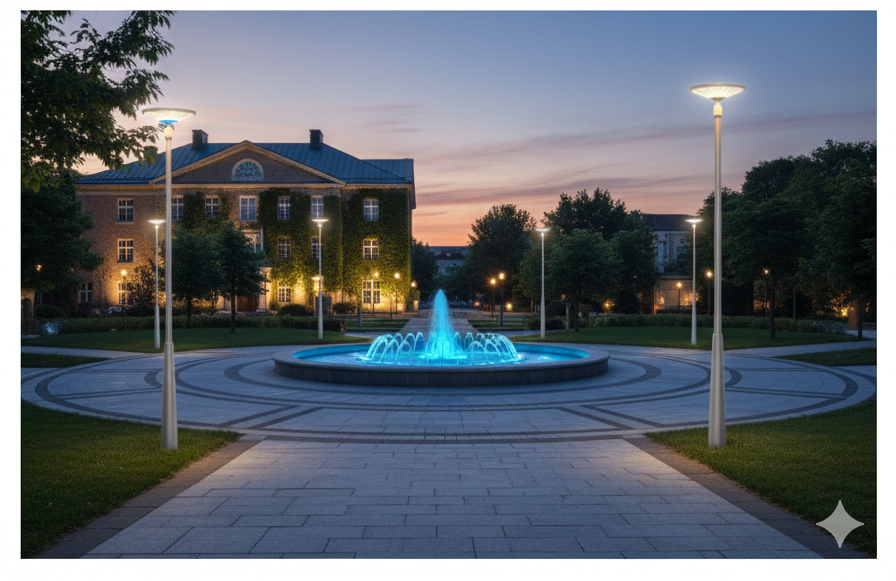Night view of a building with a fountain.