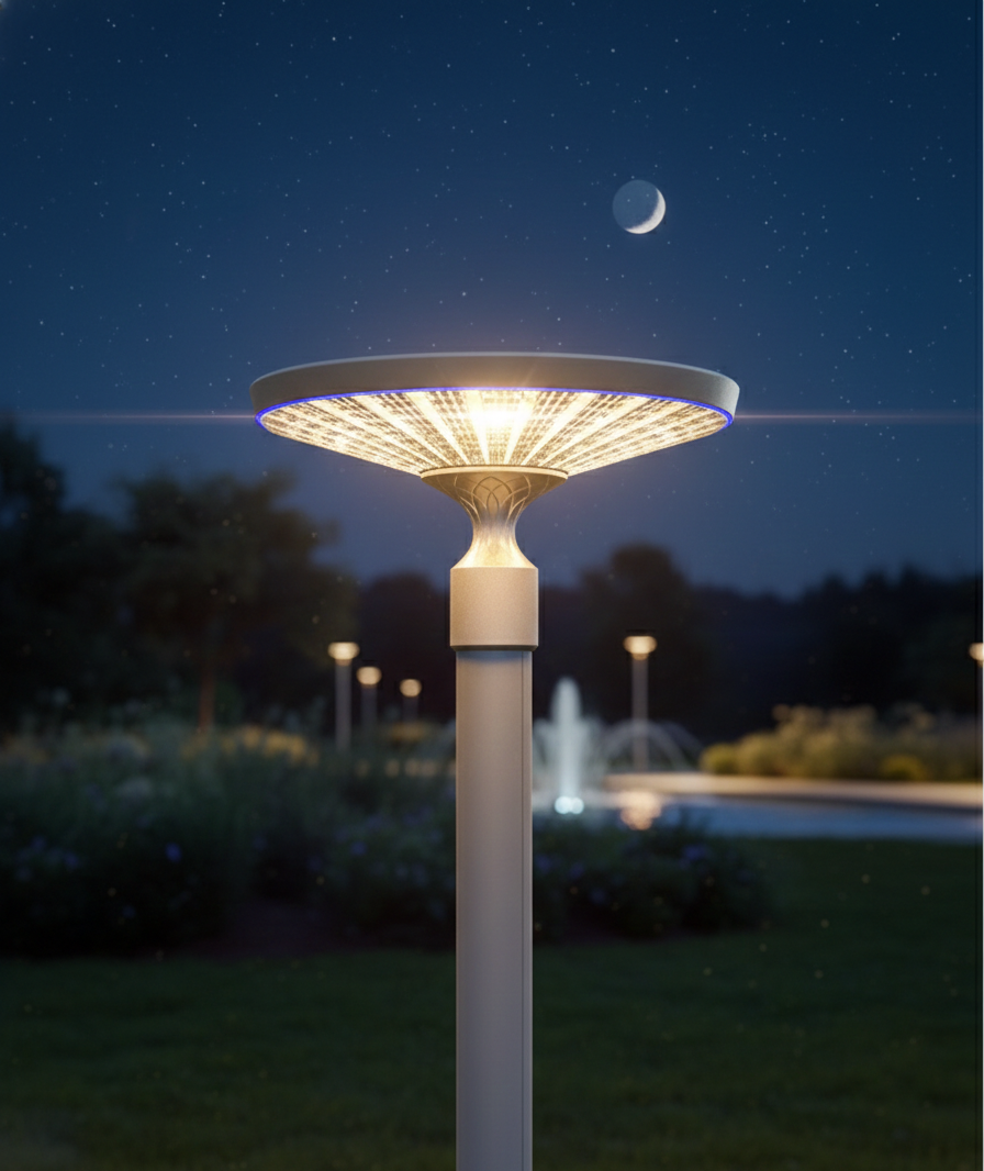 A high-detail, close-up shot of a modern LED street lamp at night. The fixture features a sleek, funnel-shaped design with a warm golden internal glow and a subtle blue ring light around the edge. A crescent moon and starry sky are visible in the background, with a blurred park and fountain providing context.