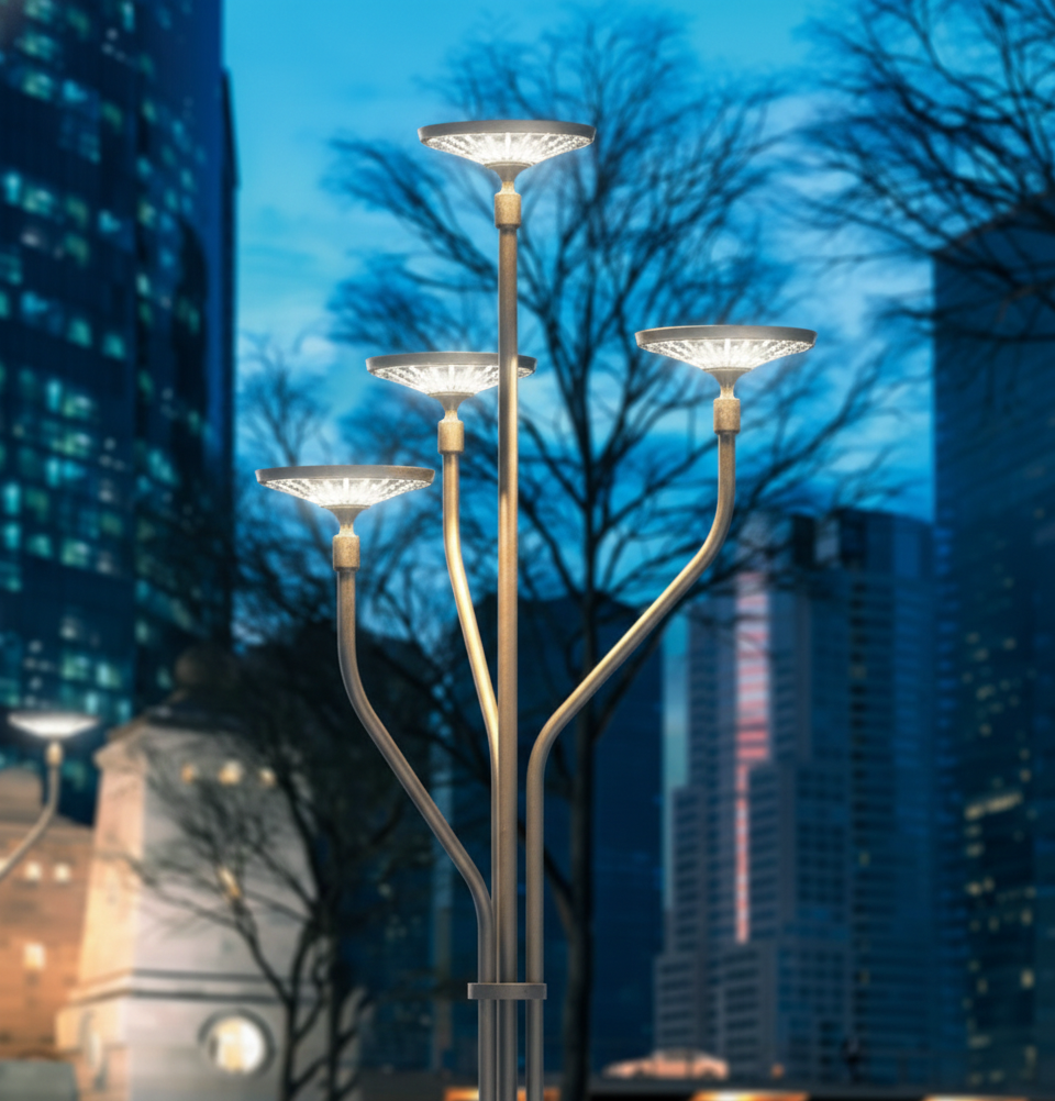 A detailed close-up of a modern multi-arm street lamp with four glowing LED heads. The lamp features an elegant, branched design with a warm white glow. The background shows a blurred city skyline at dusk with tall buildings and bare trees.
