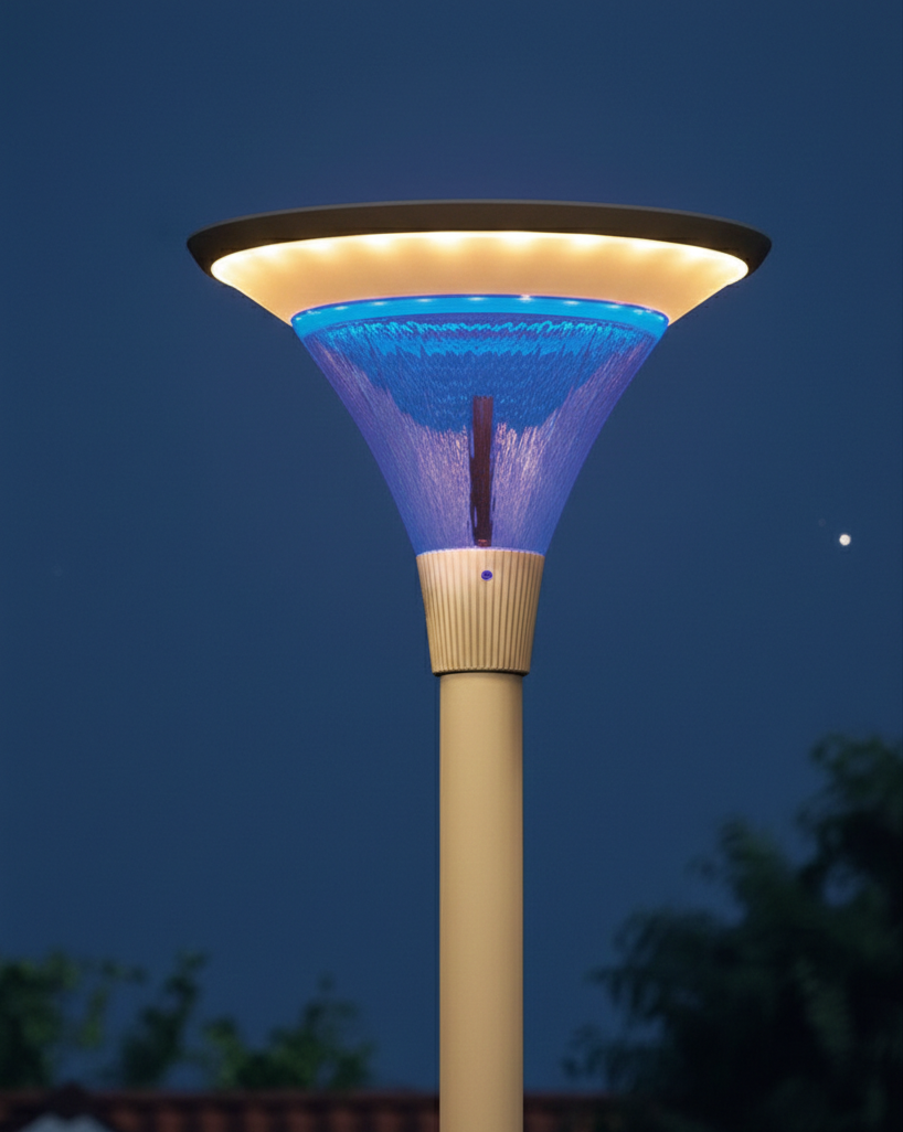 An ultra-refined, close-up shot of a modern architectural street lamp at night. The fixture features a sleek funnel-shaped design with a warm golden glow at the top, a vibrant electric-blue crystalline interior, and high-quality metallic finish on the pole, set against a dark blue twilight sky with subtle stars.