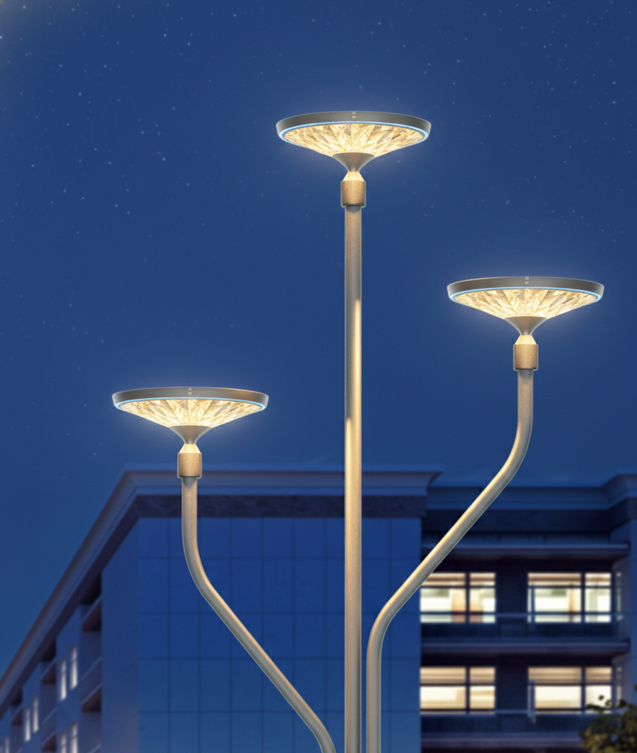 A detailed architectural shot of a modern triple-arm street lamp at night. The fixture features three elegant, curved arms, each topped with a sleek, funnel-shaped LED head that emits a warm, crystalline glow with a thin blue ring light around the edges. A multi-story building and a starry night sky are visible in the background.