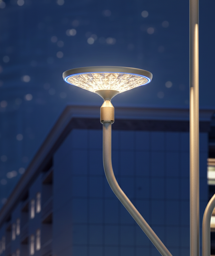 Street lamp with decorative fixture against a night sky