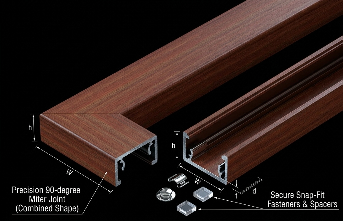 Wooden profile with technical diagram on a black background