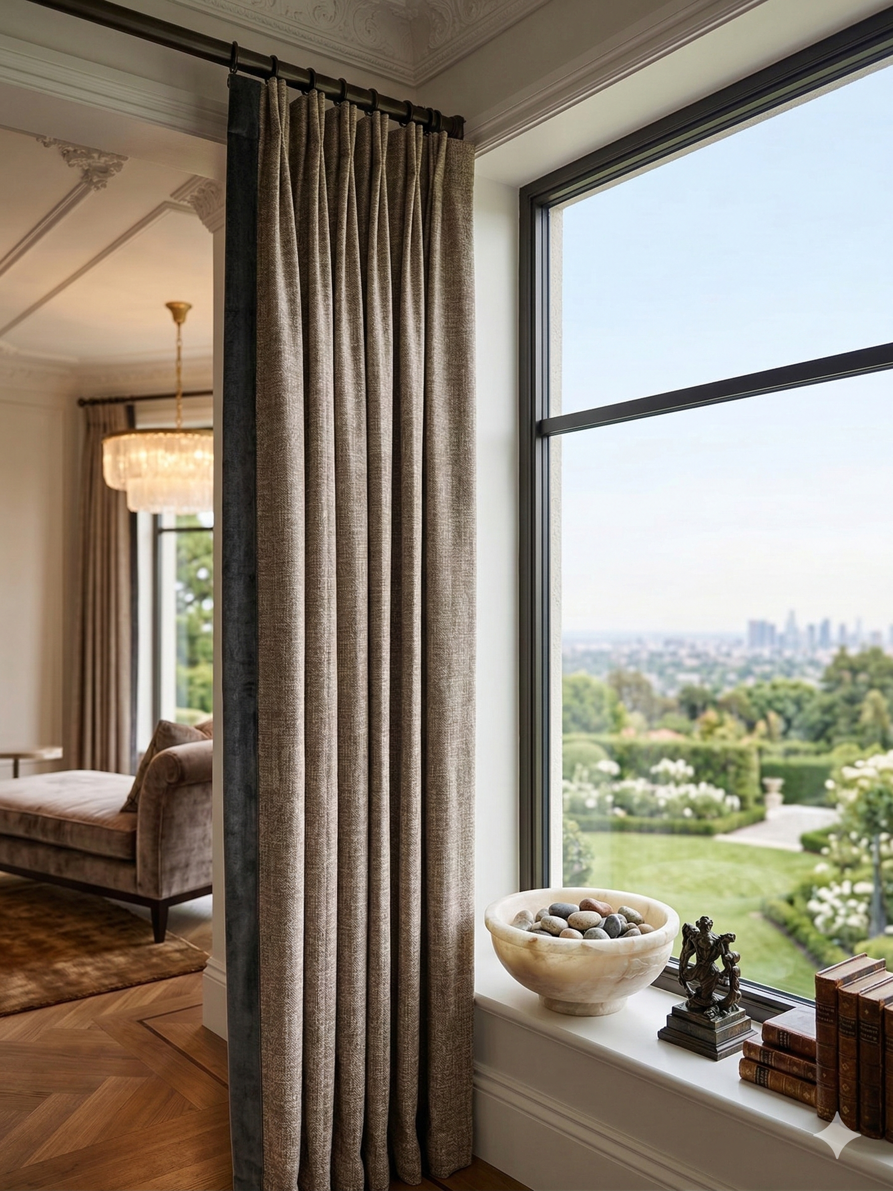 Living room with large window, curtains, and decorative items.