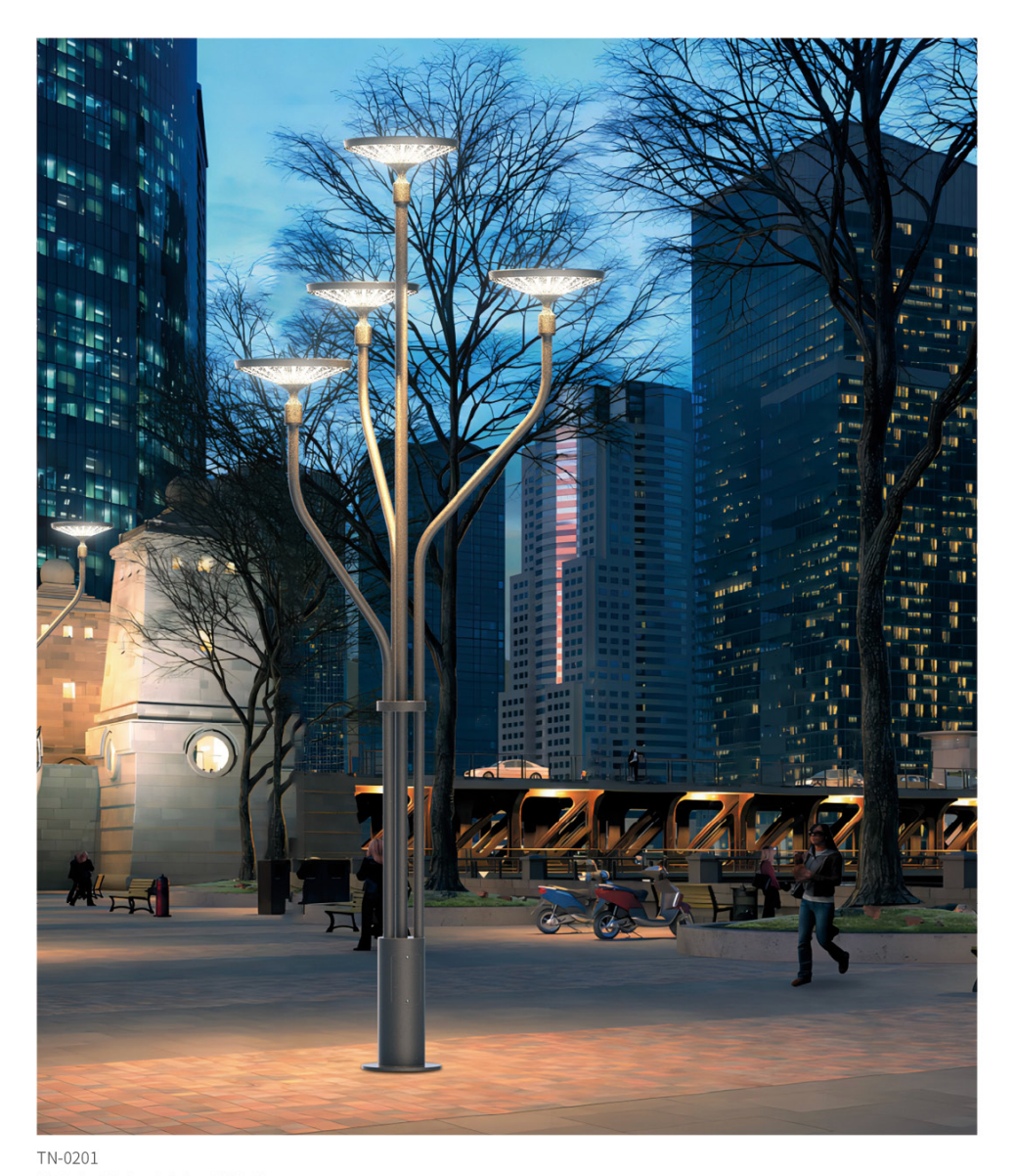 NeoSigma TN-0201 architectural 5-head outdoor street lamp standing 3.5 meters high with die-cast aluminum lamp heads and a steel post for urban plaza lighting.