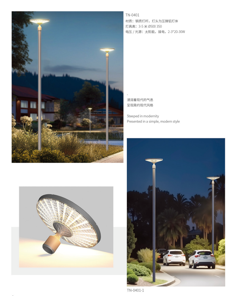 NeoSigma TN-0401 modern minimalist street lamp with dual-power solar and plug-in capability for residential driveway and perimeter lighting.