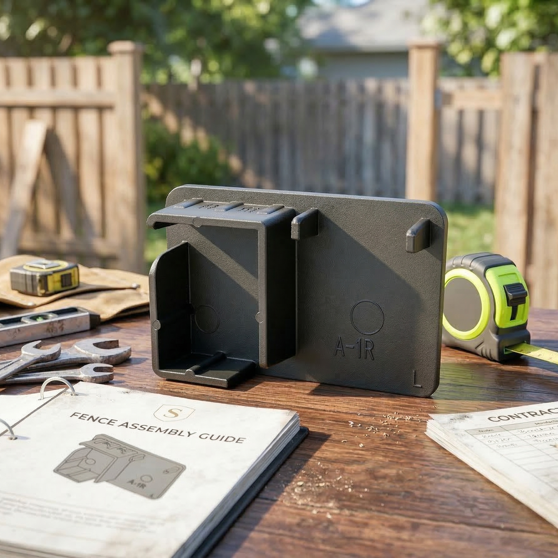 Black tool holder on a wooden table with tools and a guidebook in an outdoor setting