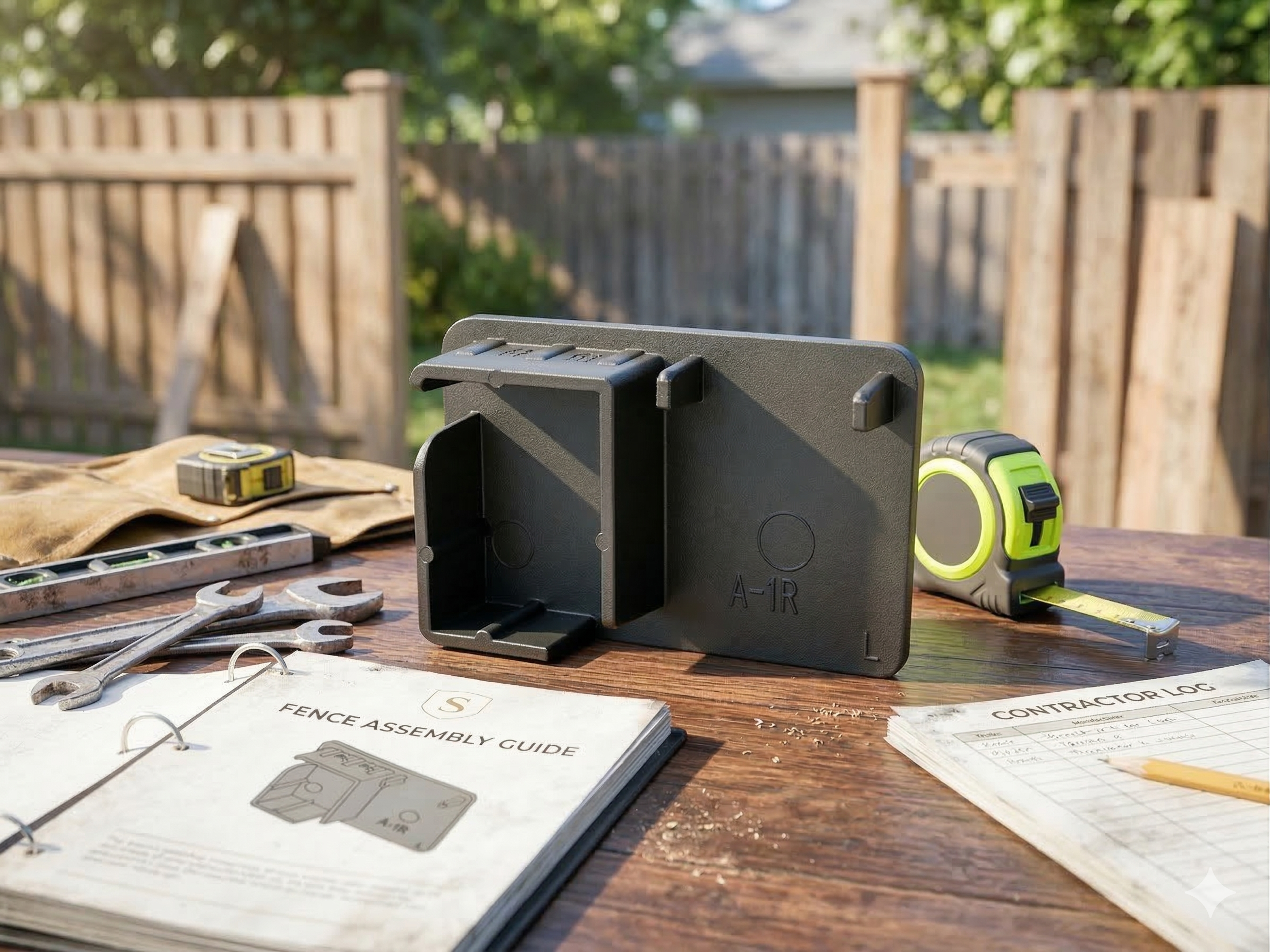 Black tool holder on a wooden table with tools and a guidebook in an outdoor setting