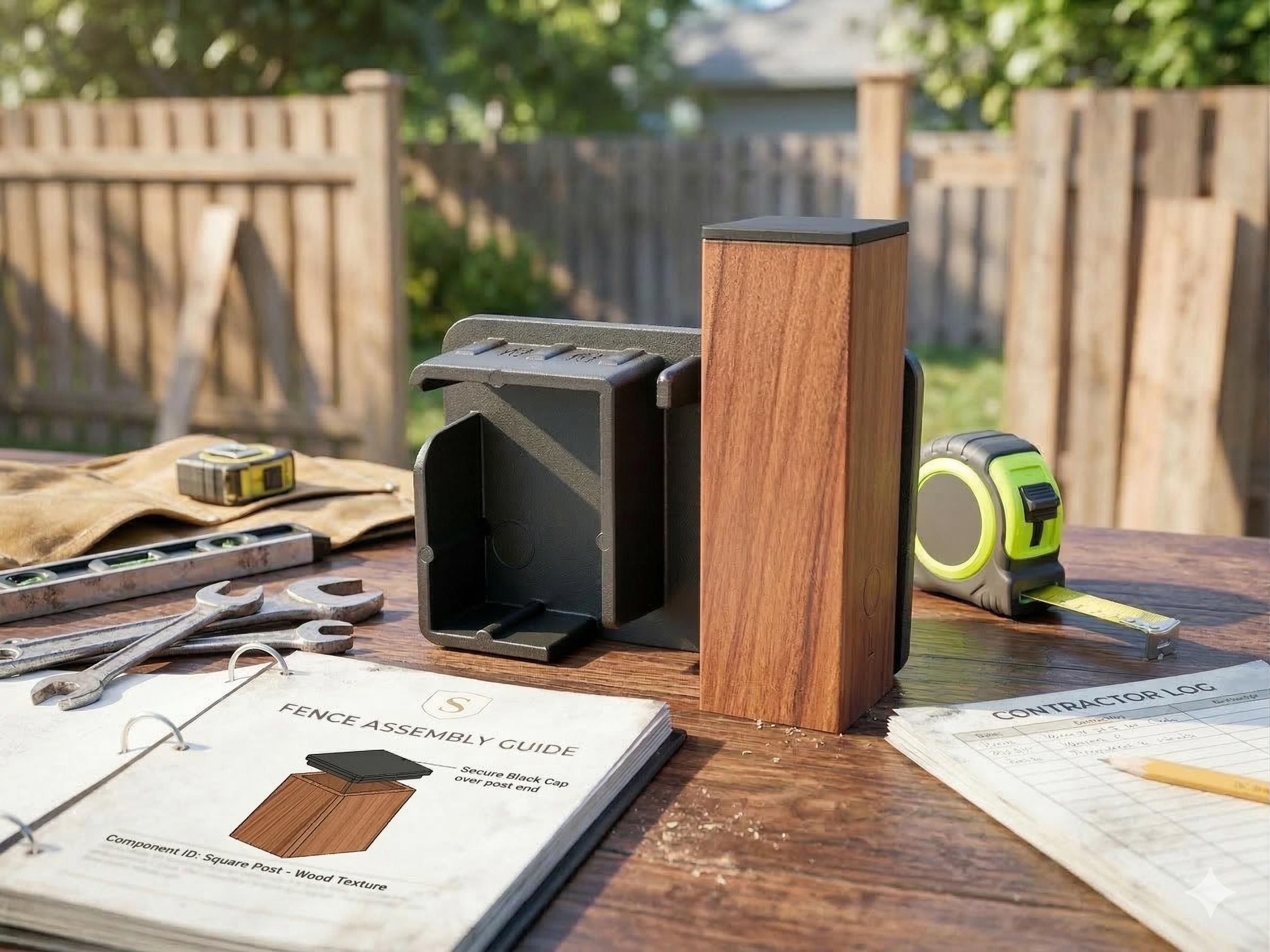 Wooden fence post and brackets on a workbench with tools and a guidebook.