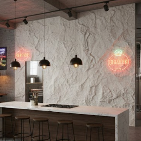 Neon signs on a textured stone wall with a modern bar setup.