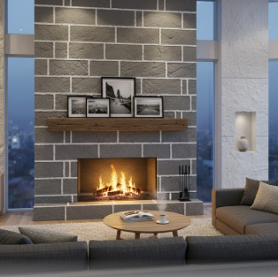 Modern living room with a fireplace, couch, and decor.