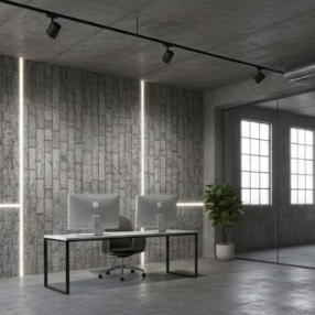 Modern office space with a desk, chairs, and large windows.