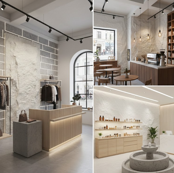 Collage of interior design images including a clothing store, cafe, and spa.