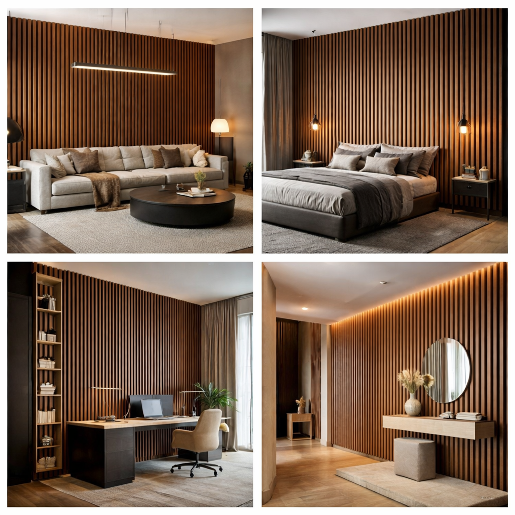 Collage of a modern living room, bedroom, office, and bathroom with wooden paneling.