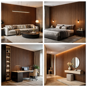 Collage of a modern living room, bedroom, office, and bathroom with wooden paneling.