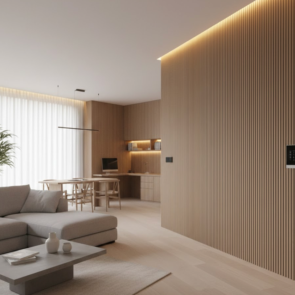 Modern living room with beige sofa, coffee table, and kitchen in the background.