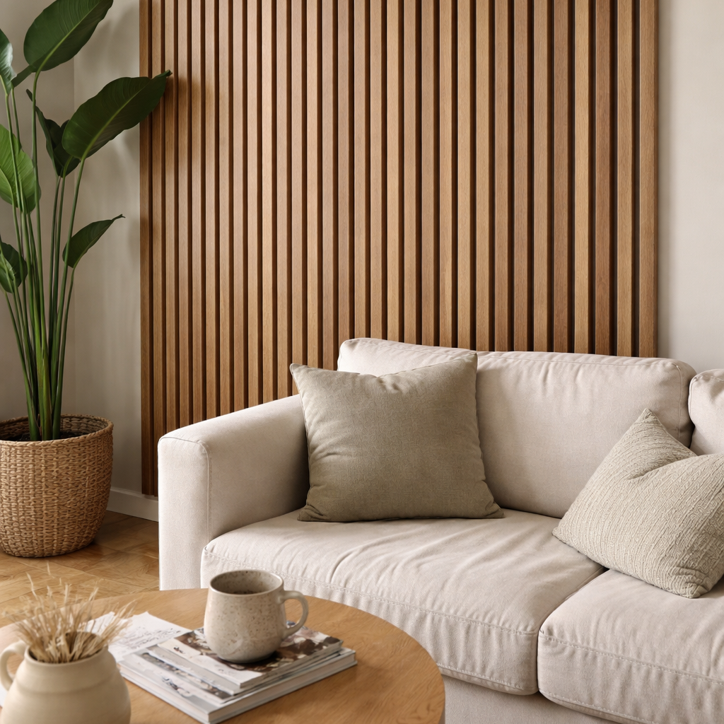 Modern living room with a wooden slat wall, beige sofa, and a small round table.