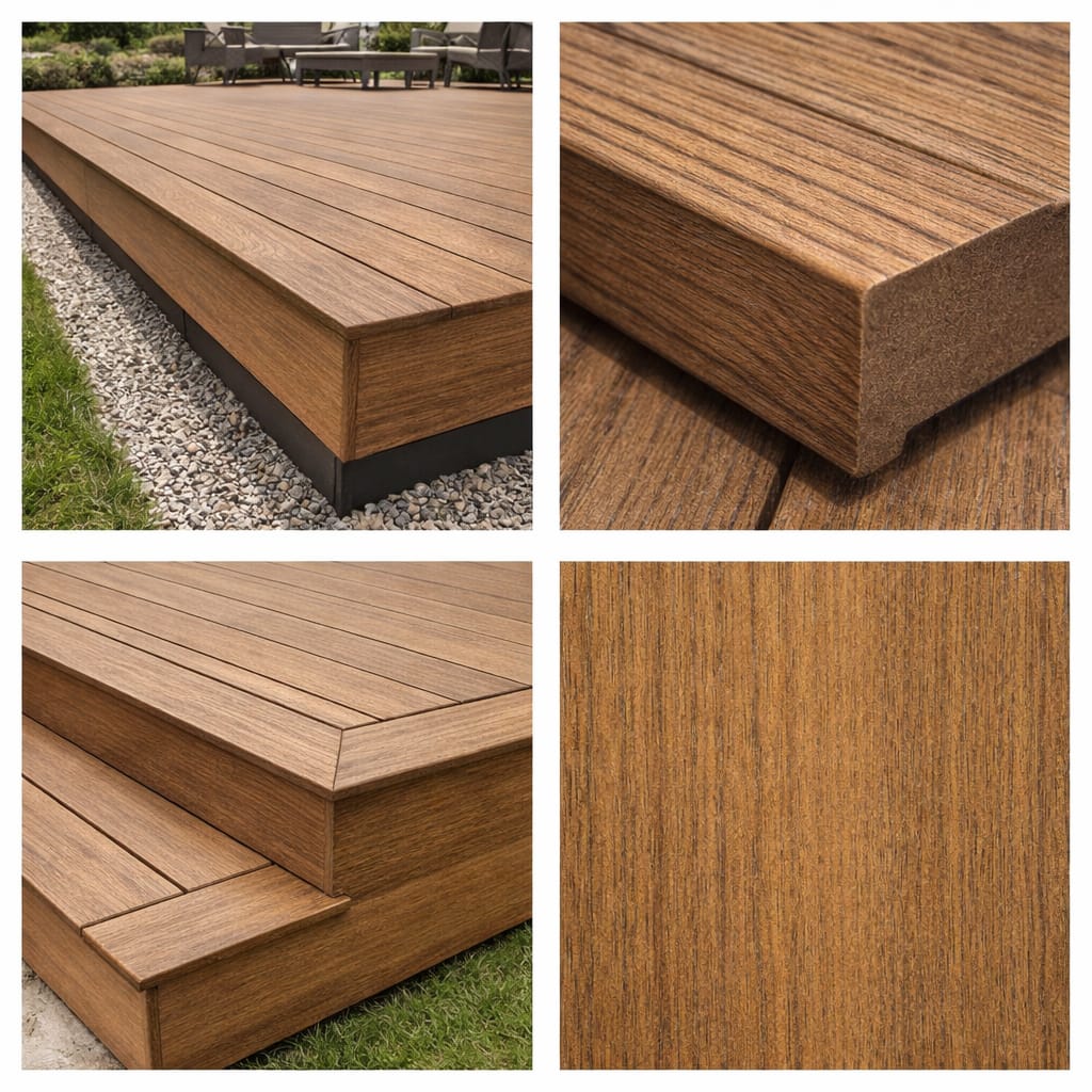 Collage of wooden deck boards with close-up details on a white background