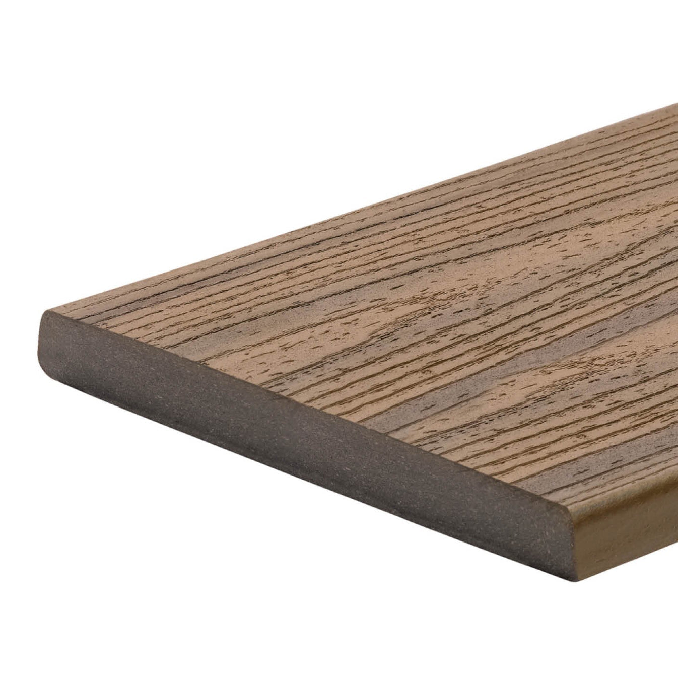 Wooden deck board with a visible grain on a white background